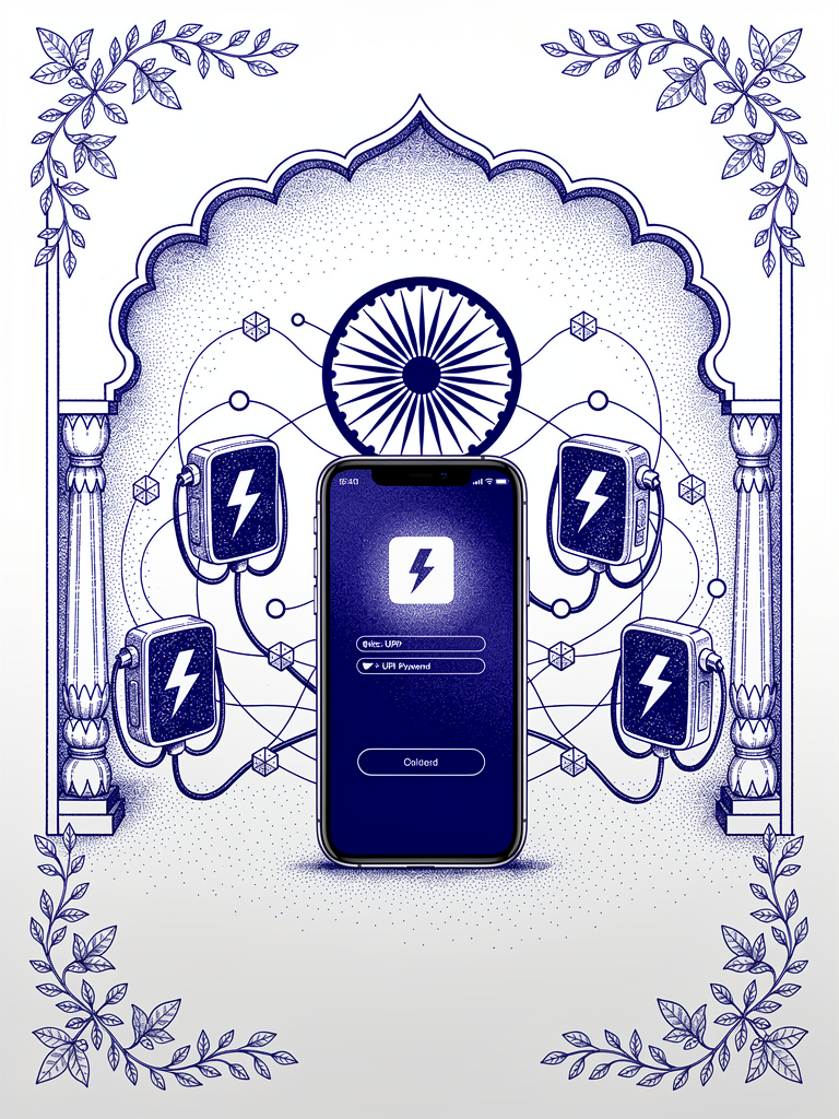 Digital illustration showing UPI payment integration with EV charging network, featuring smartphone interface connected to charging stations through network topology