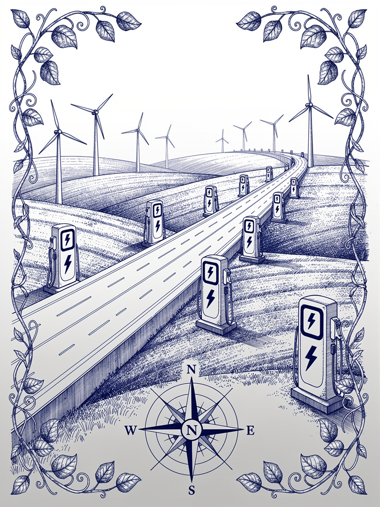 Illustration of India's highway EV charging infrastructure with charging stations positioned along interstate routes, featuring compass navigation and clean energy integration