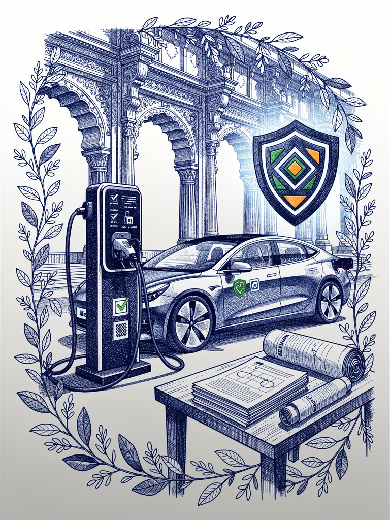 Technical certification illustration showing UBC-compliant EV charging infrastructure with certification symbols and Indian architectural elements