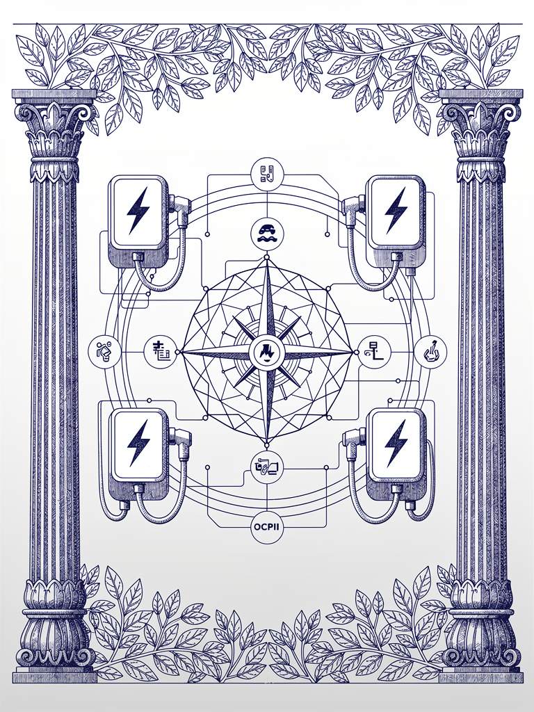 Technical illustration of OCPI-compliant EV charging hardware with connectivity symbols and Indian architectural elements