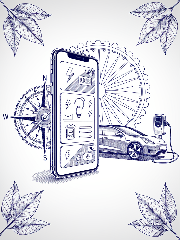 Technical illustration of UPI app interface showing EV charging integration with payment and navigation features