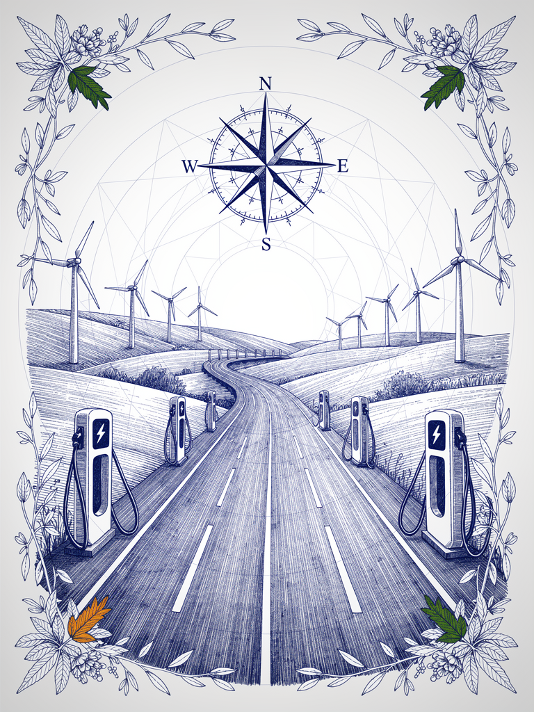 Highway corridor illustration showing EV charging infrastructure with wind turbines and connectivity elements representing India's unified charging network