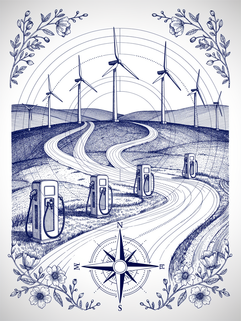 Illustration of India's regional EV charging infrastructure showing connected charging networks across diverse landscapes with wind energy and network connectivity elements