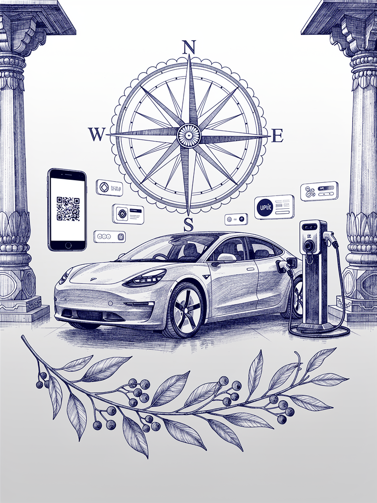 Illustration of EV charging integration with UPI payment systems showing electric vehicle, charging station, and Indian architectural elements with compass rose