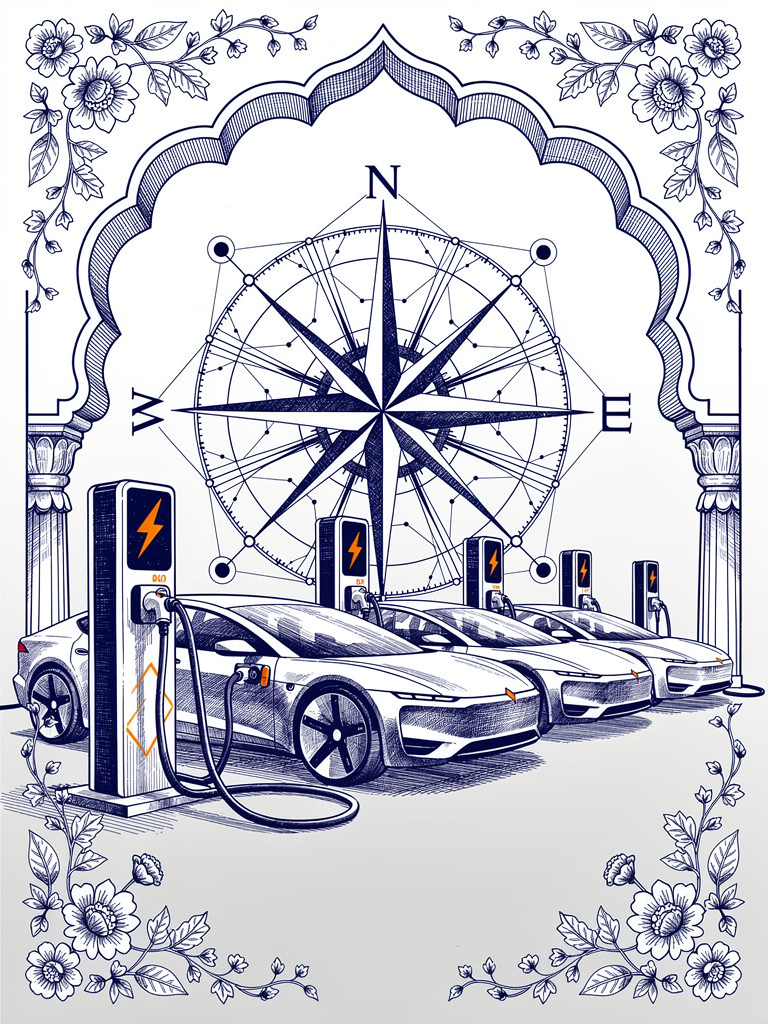 Fleet of electric delivery vehicles charging at UBC-enabled stations with Indian architectural elements and connectivity motifs