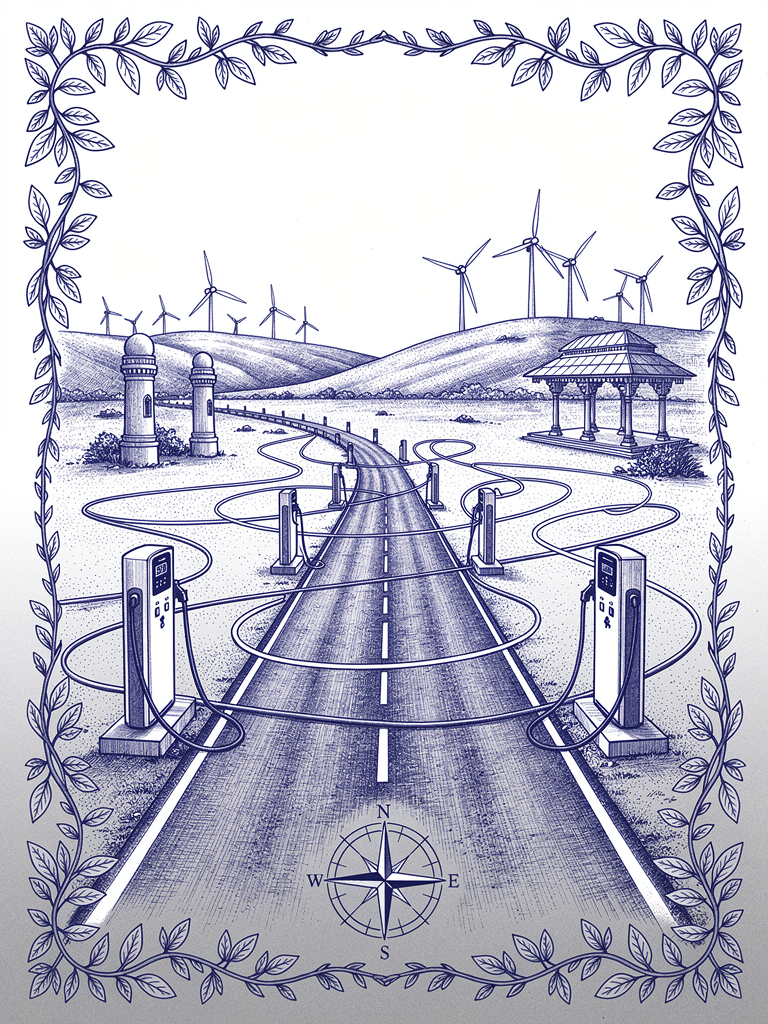 Highway corridor illustration showing EV charging stations along an interstate route with compass rose navigation and Indian architectural waypoints
