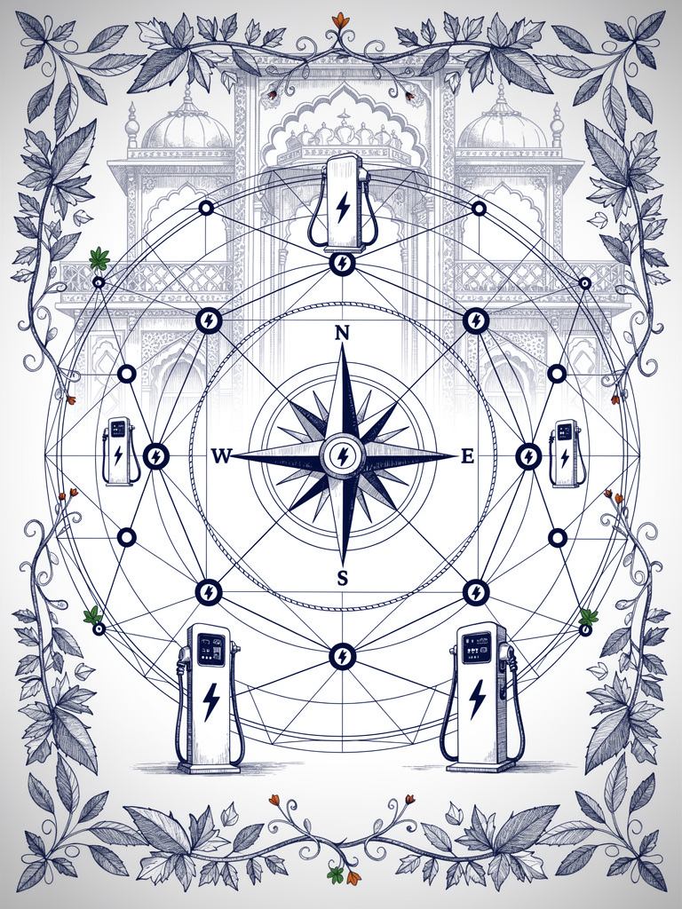 Network topology illustration showing interconnected charging infrastructure nodes with compass rose navigation and Indian architectural elements representing UPI-UBC protocol integration