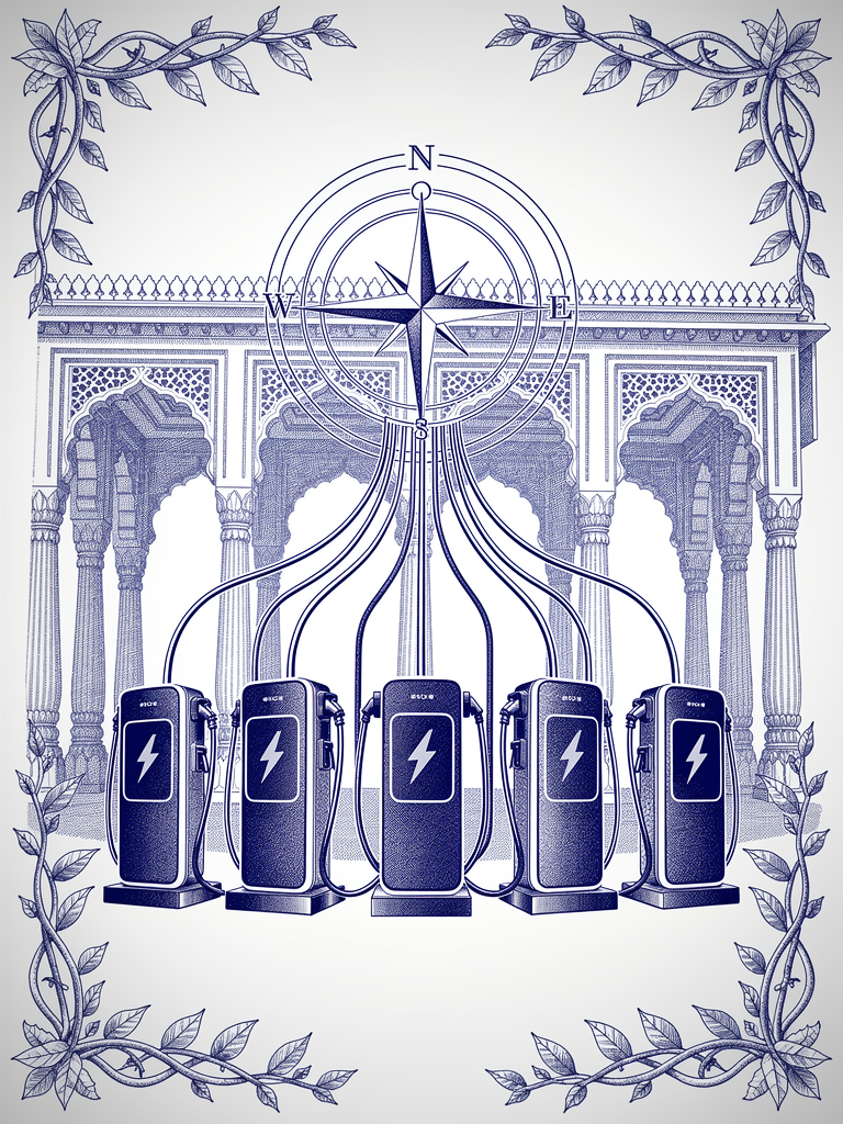 Business network illustration showing connected EV charging infrastructure with compass rose navigation and Indian architectural elements representing UBC market opportunities