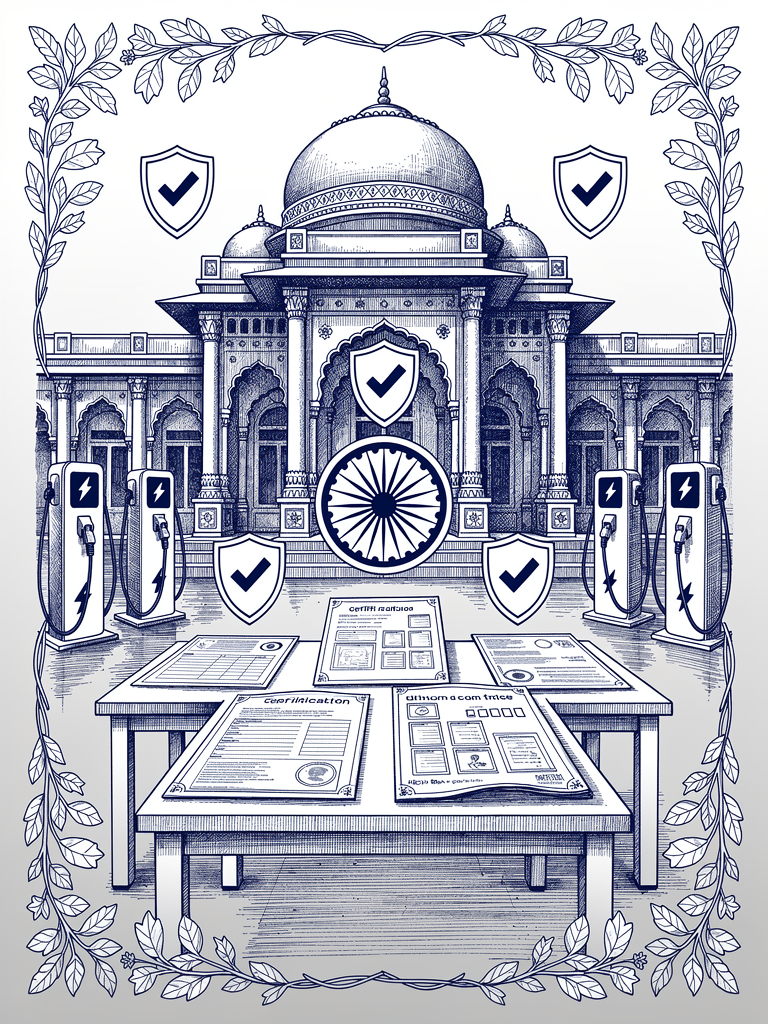 Technical certification illustration showing Indian government building with certification documents, compliance symbols, and EV charging infrastructure representing UBC network requirements
