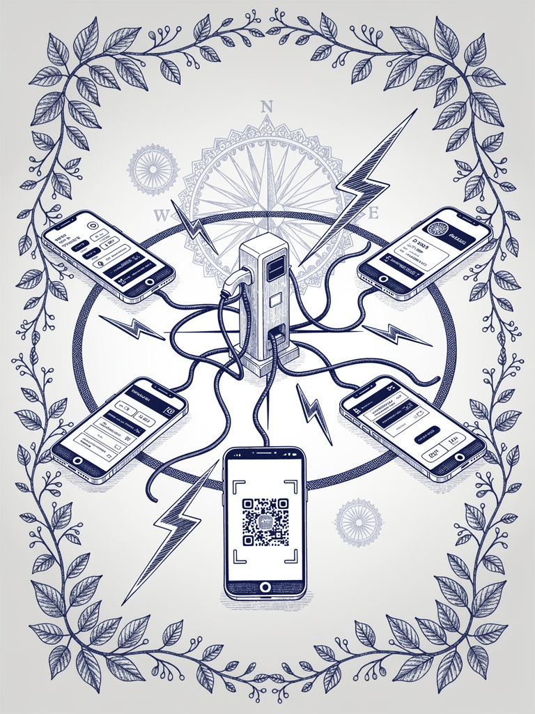 Digital payment integration illustration showing UPI apps connecting to EV charging infrastructure through unified protocol