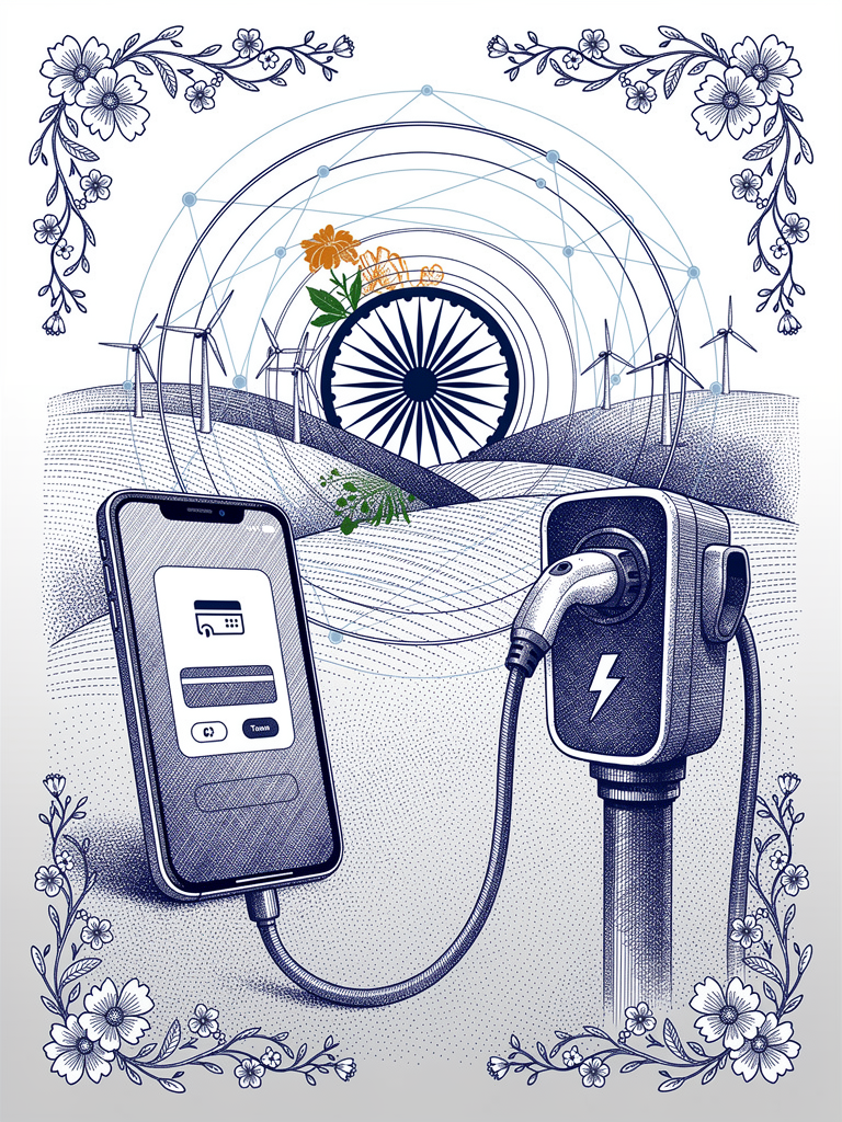 Illustration showing smartphone payment interface connected to EV charging station with network connectivity and renewable energy elements