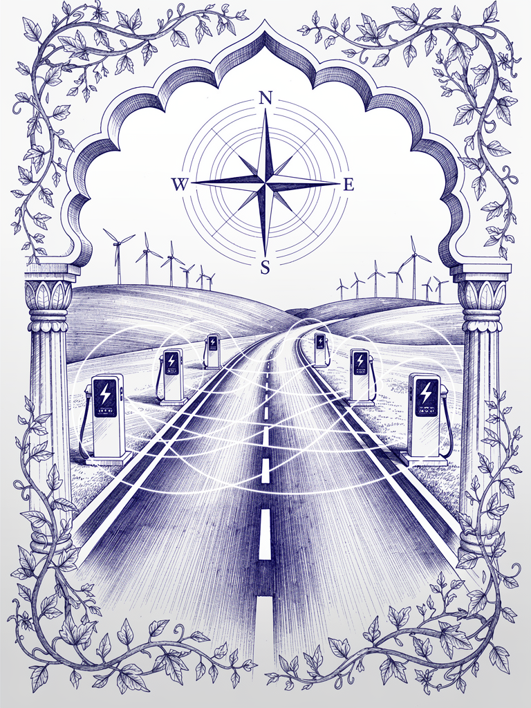 Illustration of India's highway charging infrastructure with EV charging stations along corridor routes, compass navigation elements, and renewable energy integration