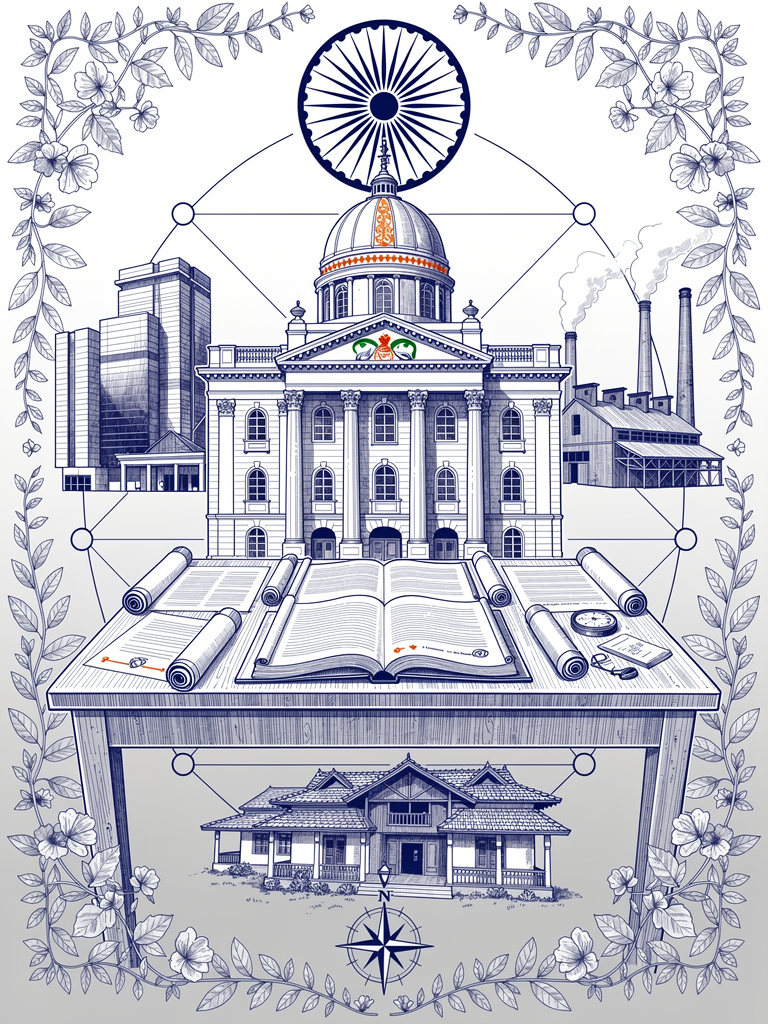 Illustration of state government buildings and policy documents representing UBC implementation across different Indian states with architectural diversity and unified coordination
