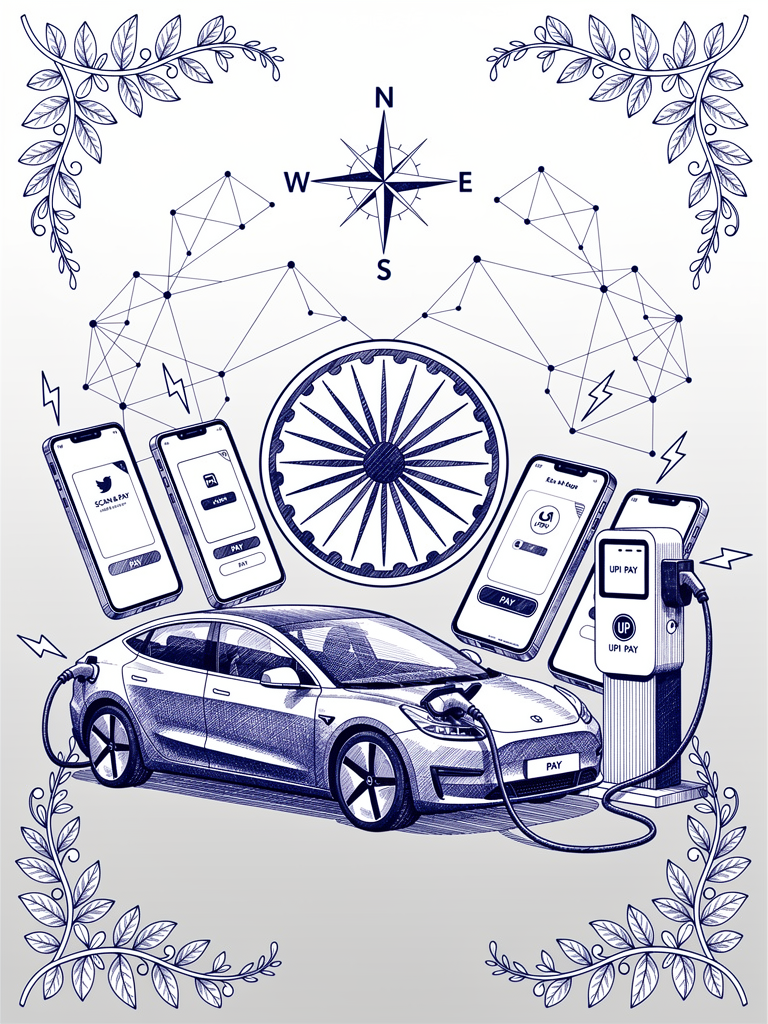 Illustration showing UPI payment integration with EV charging infrastructure featuring connected charging stations and mobile payment interfaces