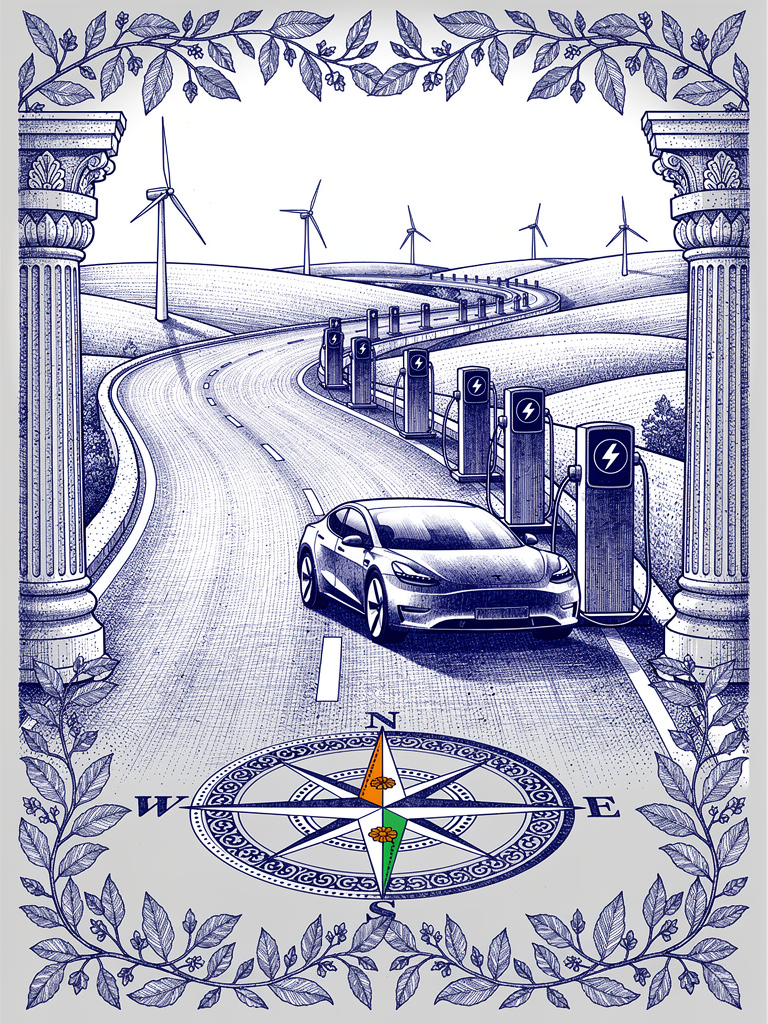 Illustration of India's highway EV charging corridor showing charging stations along a strategic route with architectural and cultural motifs
