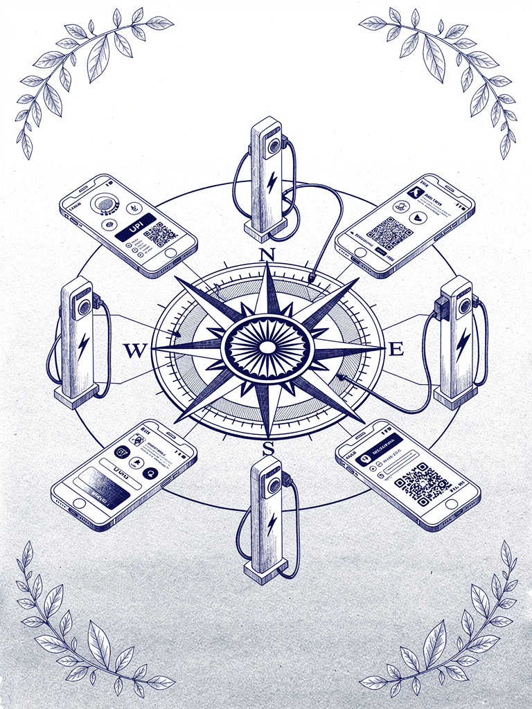 UPI apps and EV charging integration illustration showing mobile payment interfaces connected to charging stations through network topology