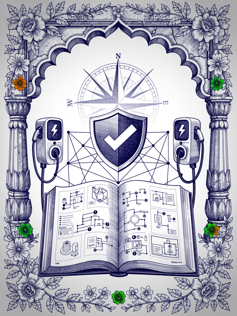 Technical illustration showing UBC certification requirements with open book, shield symbol, and EV charging stations connected through network topology