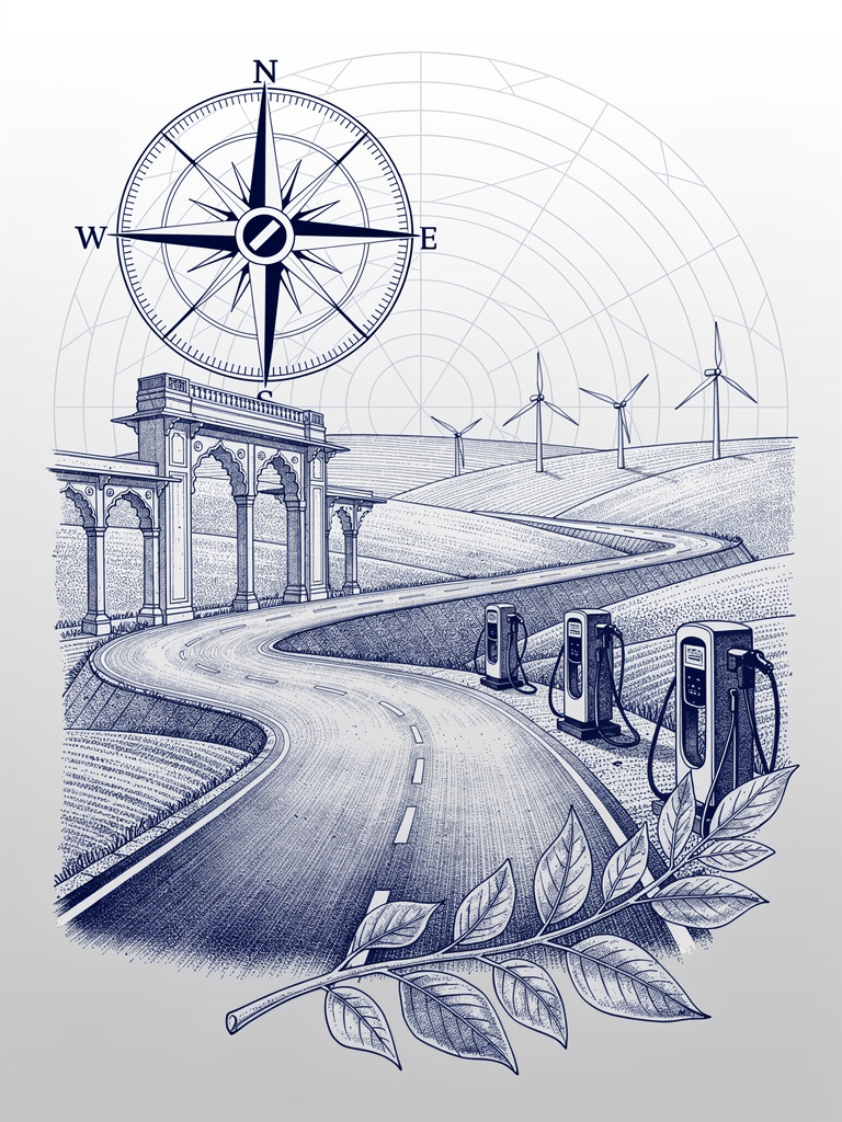 Highway corridor illustration showing EV charging infrastructure deployment along India's major transportation routes with compass rose and connectivity symbols