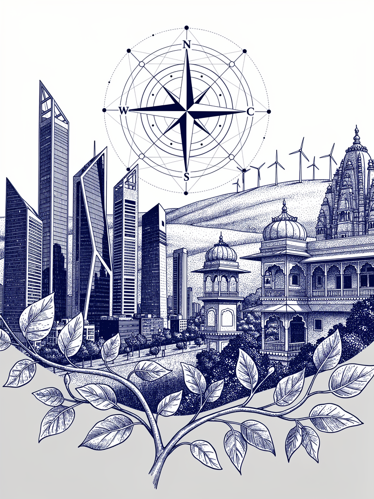 Market analysis illustration showing India's commercial landscape with modern and traditional architecture, renewable energy infrastructure, and network connectivity representing economic opportunities