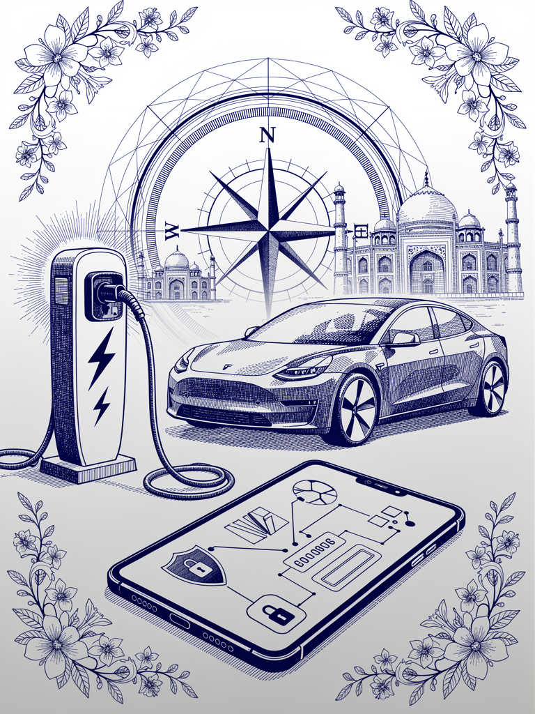 Digital payment interface illustration showing EV charging station connected to payment systems with Indian architectural elements and network connectivity motifs