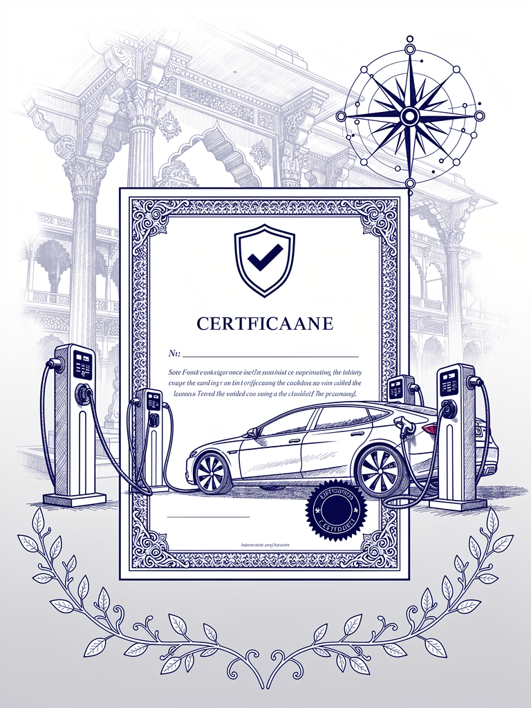 Certification document with EV charging stations and Indian architectural elements representing UBC operator certification process