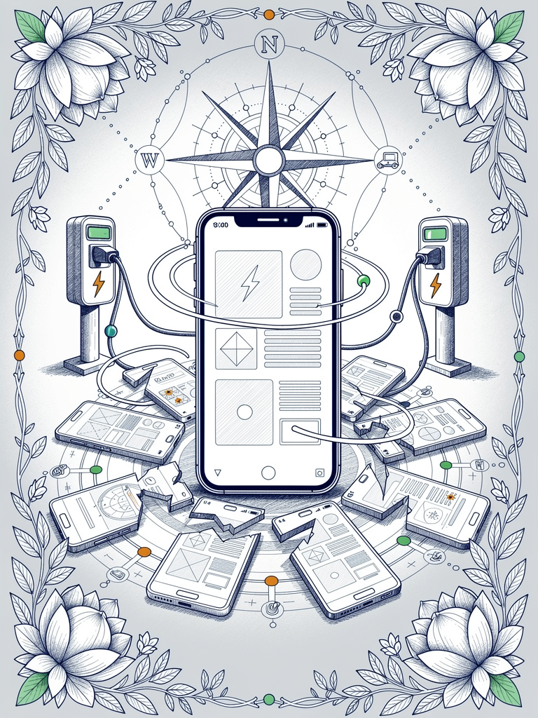 Smartphone showing unified UPI charging interface surrounded by fragments of multiple discarded apps, with EV charging network connectivity illustrated through compass and lotus motifs