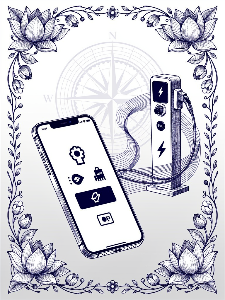 Smartphone showing UPI payment interface connected to EV charging station, surrounded by compass rose and lotus motifs representing the familiar digital payment experience for electric vehicle charging