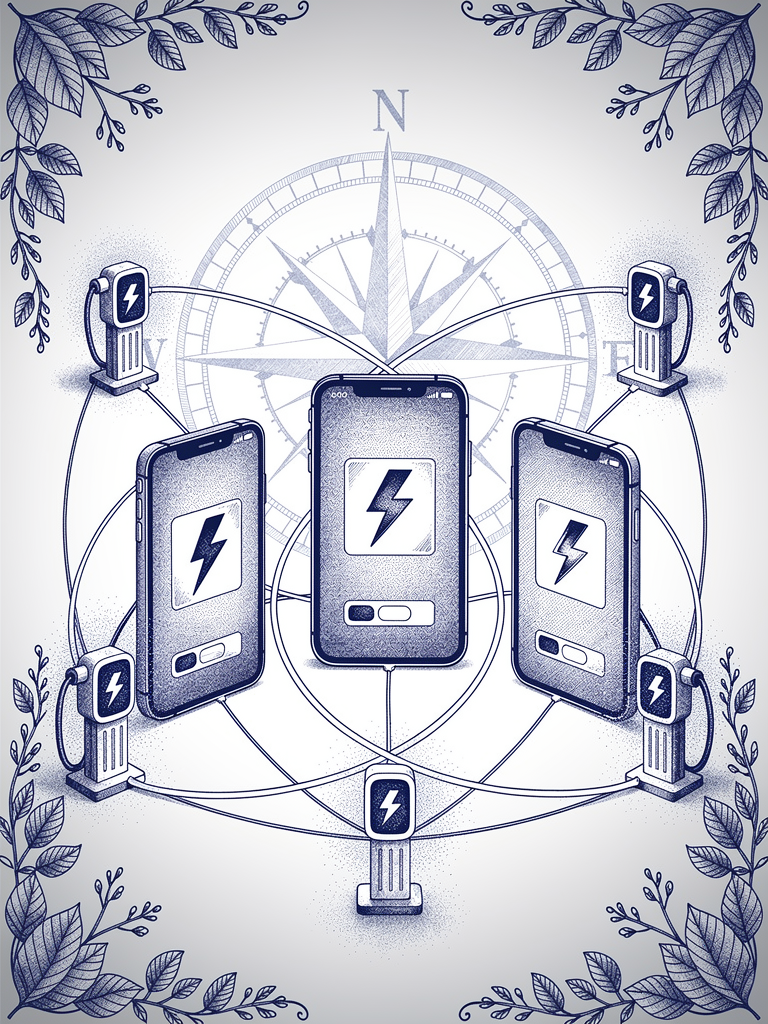 Four smartphones displaying UPI payment interfaces connected by network lines, with EV charging stations and compass rose motifs representing the integration of major payment apps with UBC charging infrastructure