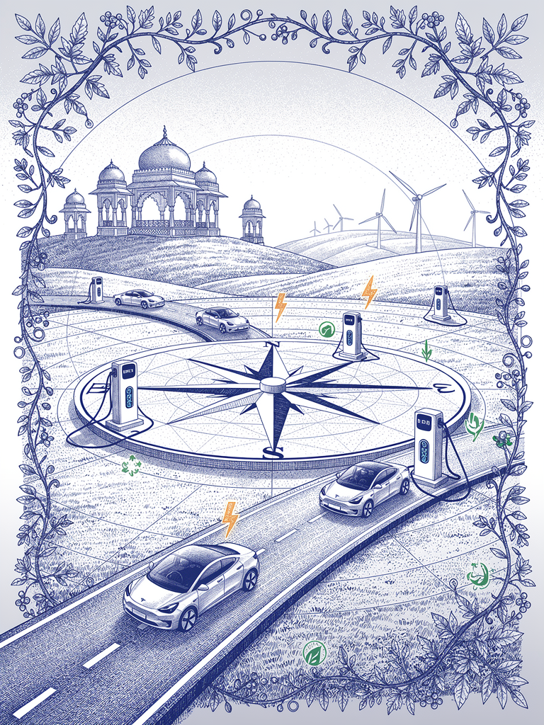 Illustration of India's unified highway EV charging network showing charging stations connected along a winding highway with compass rose and traditional architecture representing national coverage