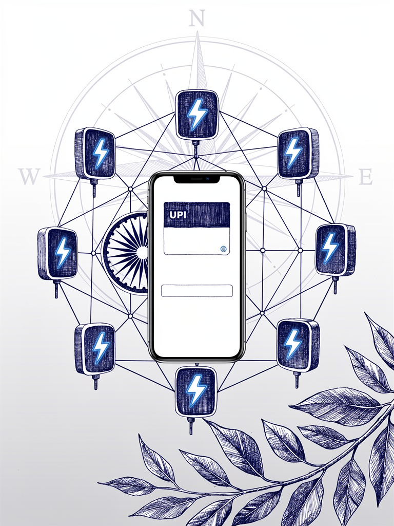 Illustration of smartphone with UPI interface connected to EV charging network through seamless digital integration