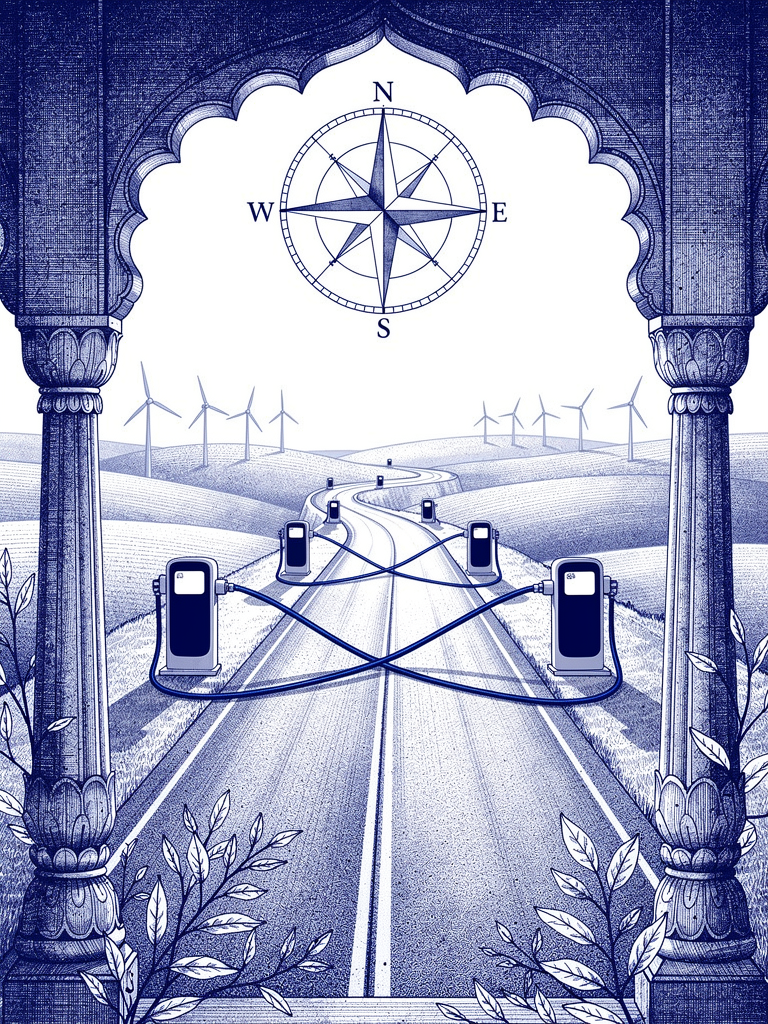 Illustration of India's EV highway corridor infrastructure with charging stations connected through UBC network, featuring compass rose navigation and renewable energy integration