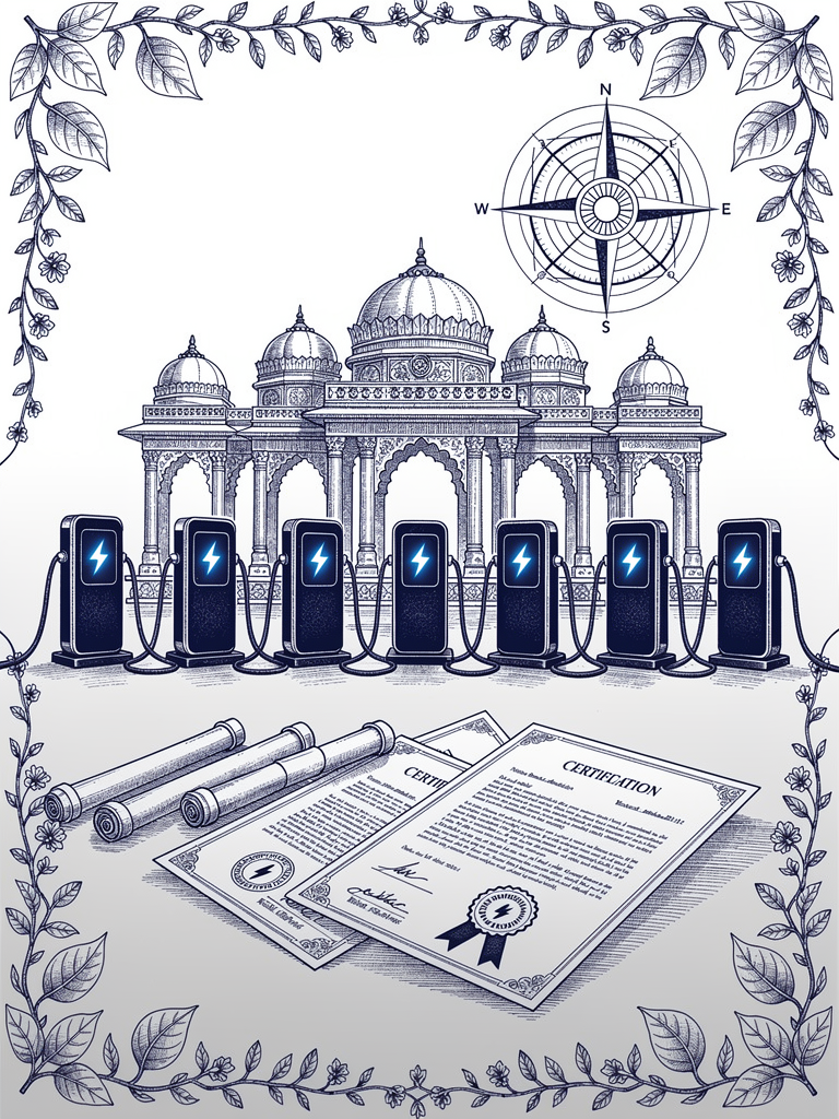 Technical illustration of UBC certification process showing charging stations connected to certification authority building with official documents and network connectivity symbols