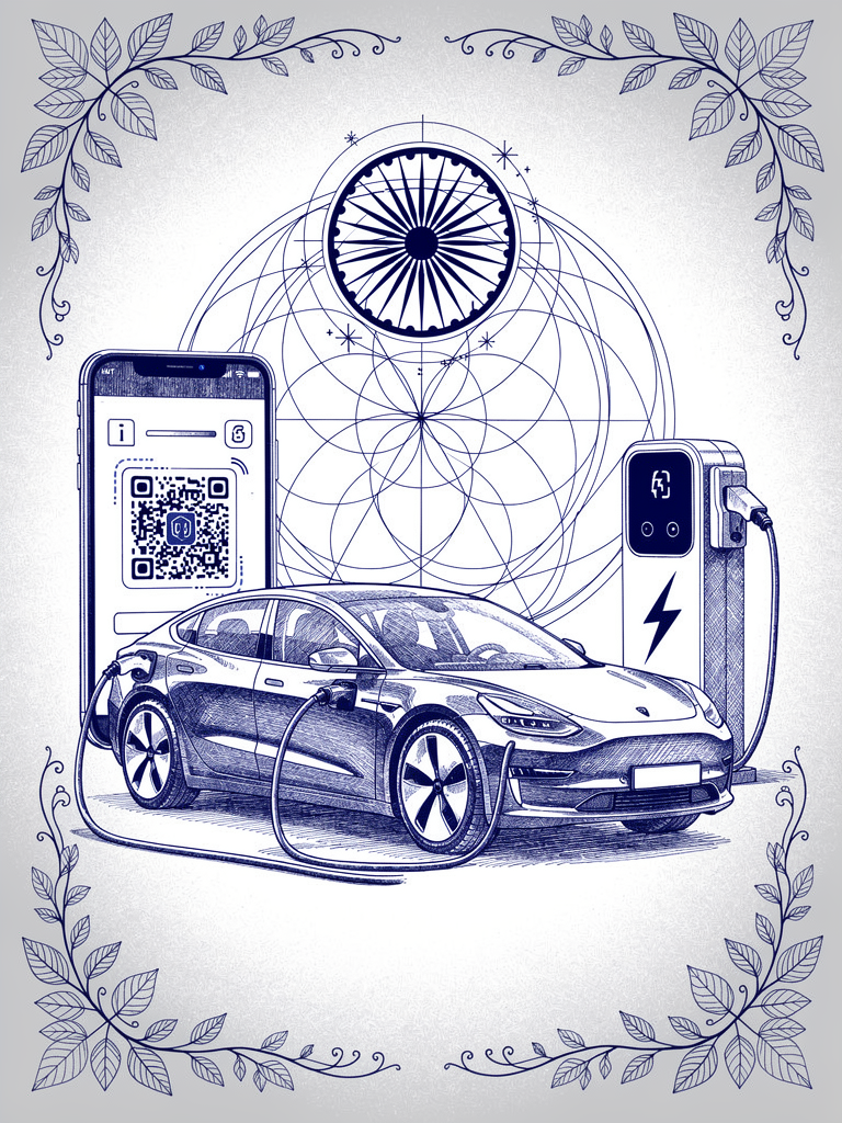 Digital payment integration illustration showing electric vehicle charging with UPI payment interface and connectivity symbols