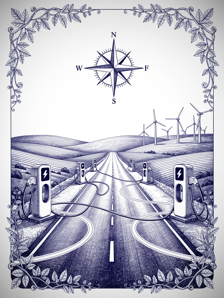 Highway corridor illustration showing EV charging infrastructure network along major transportation routes with compass rose and connectivity symbols