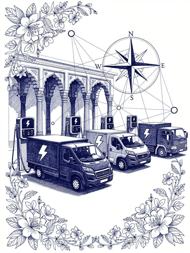 Commercial fleet illustration showing electric delivery vehicles and trucks at UBC charging stations with network connectivity symbols and Indian architectural elements