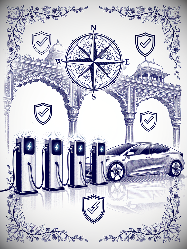 Illustration showing EV charging stations with certification symbols and classical Indian architecture, representing the UBC operator certification process