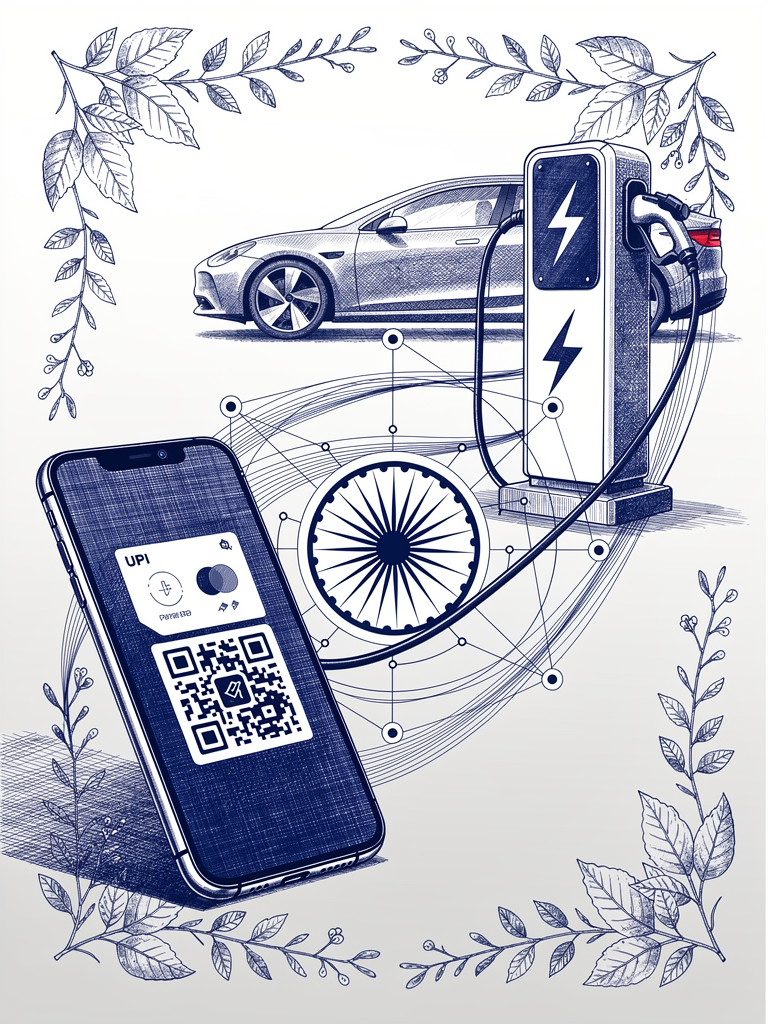UPI payment integration with EV charging infrastructure, showing smartphone payment interface connected to charging stations with Indian cultural motifs
