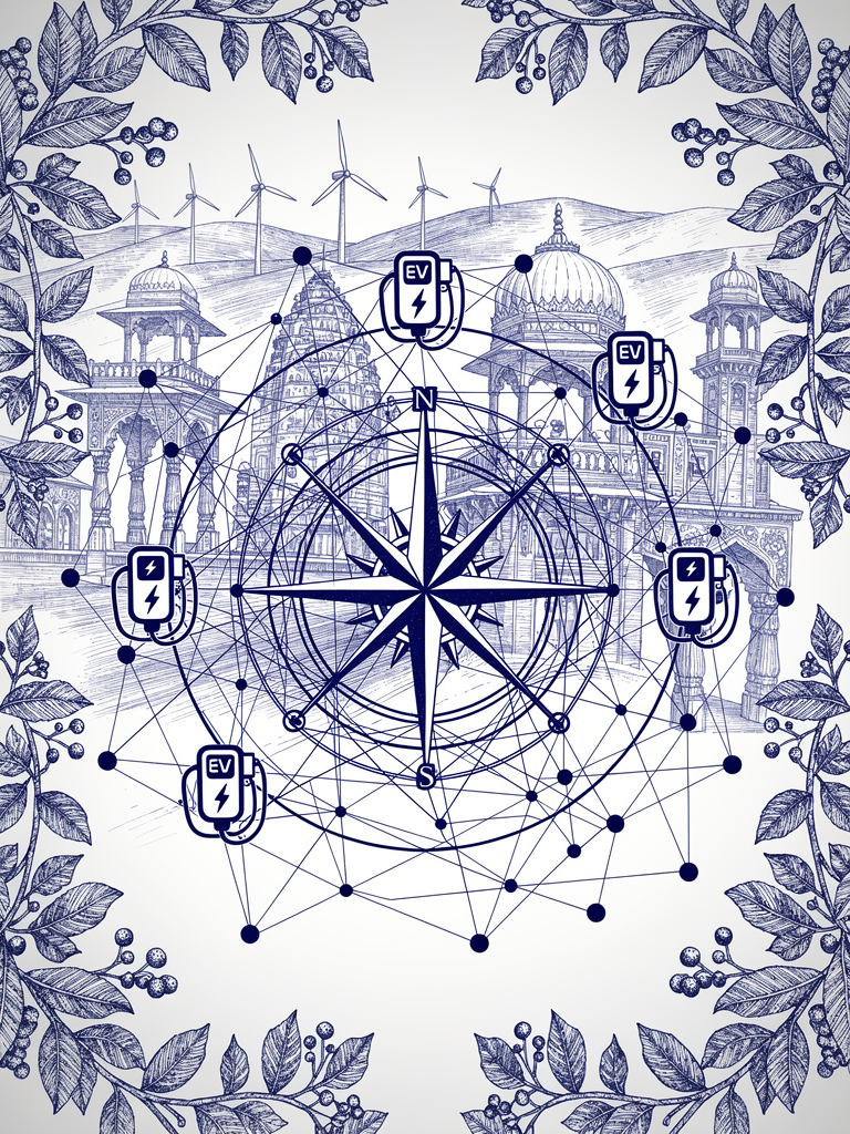 Infrastructure network illustration showing India's vast UBC charging network with interconnected charging stations and renewable energy sources