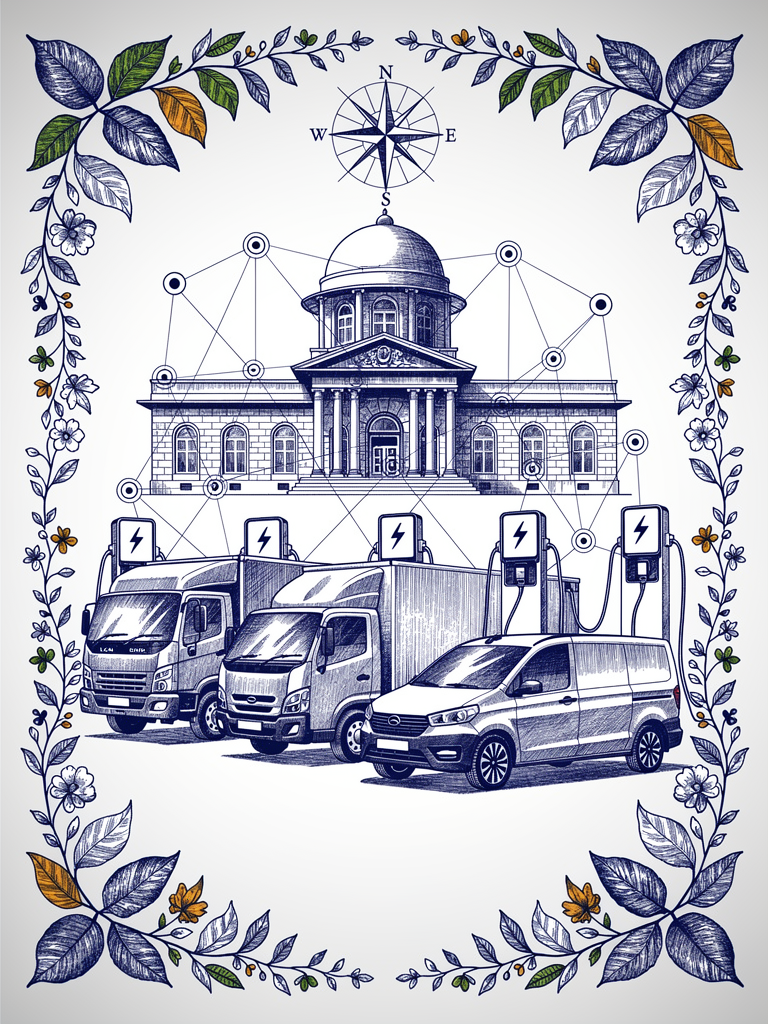 Corporate fleet illustration showing electric commercial vehicles charging at UBC network stations with Indian architectural elements