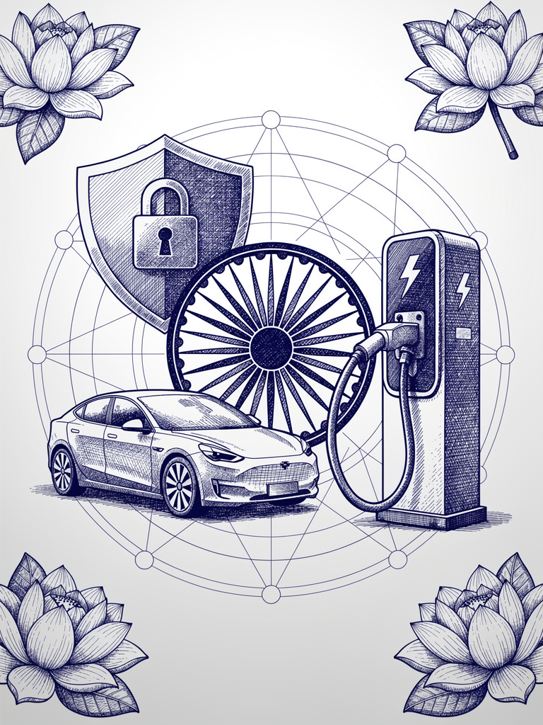 Illustration showing secure EV charging payment integration with Indian motifs representing UPI-enabled charging network