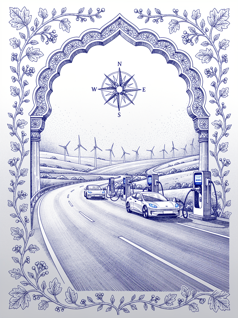 Highway corridor illustration showing UBC-enabled EV charging infrastructure with Indian architectural elements and connectivity motifs