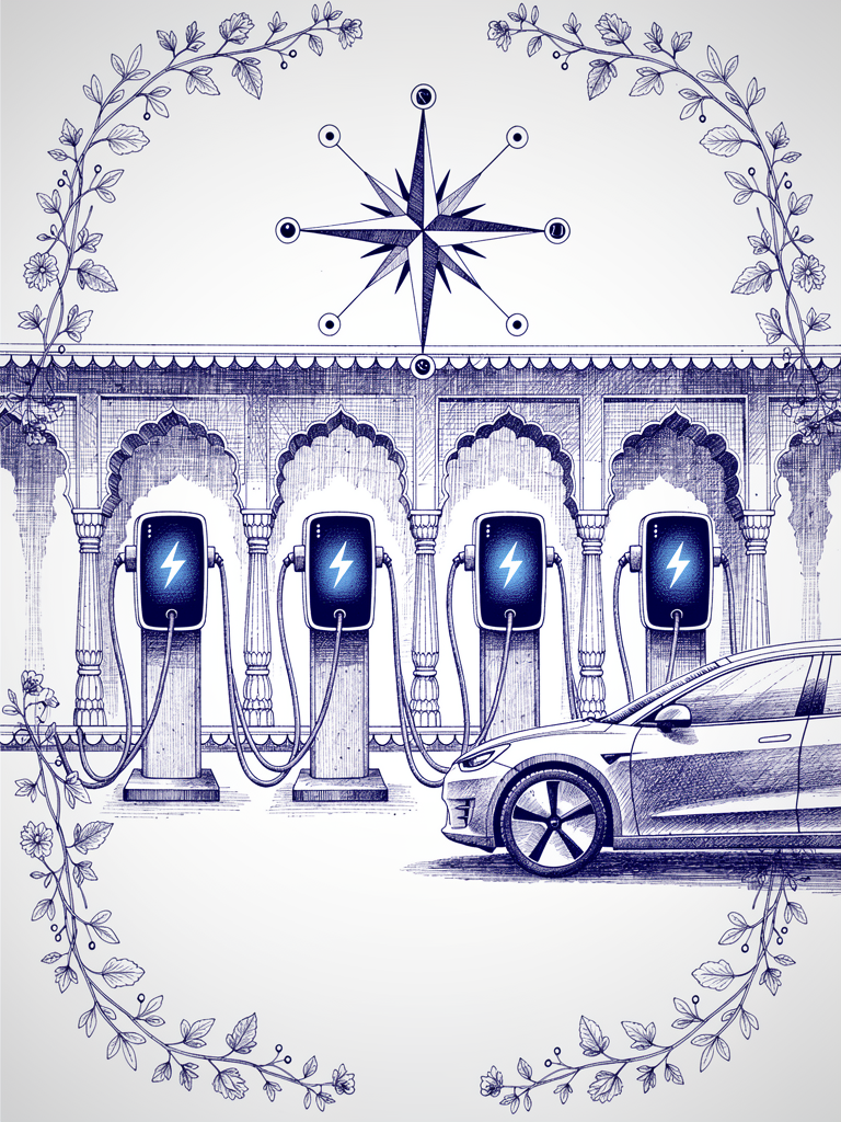 Technical illustration showing EV charging stations integrated with UBC protocol network, featuring Indian architectural elements and connectivity symbols