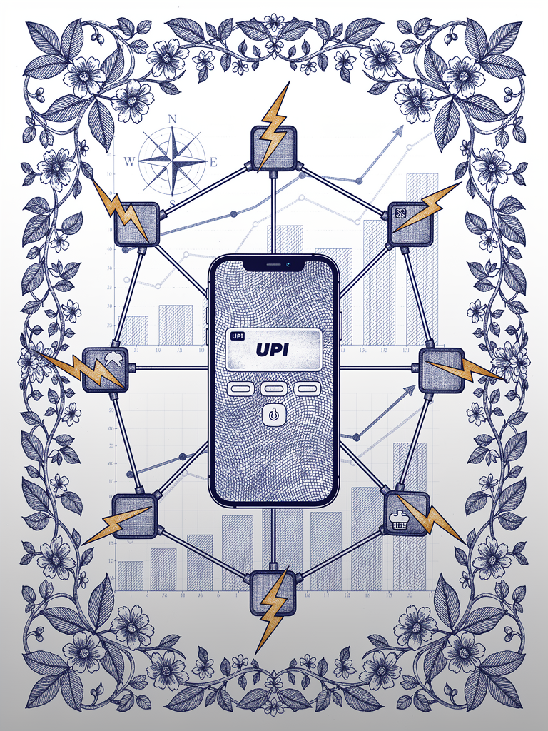 UPI payment statistics illustration showing smartphone interface connected to EV charging network with trending data charts and Indian cultural motifs
