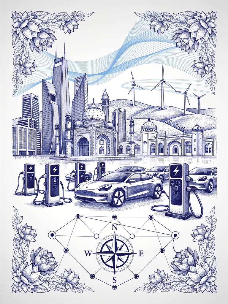 Urban air quality improvement illustration showing Delhi's cityscape with EV charging infrastructure, clean energy symbols, and botanical motifs representing environmental health benefits