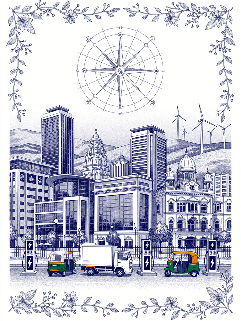 Commercial fleet electrification illustration showing Indian cityscape with delivery vehicles and ride-sharing cars at UBC-enabled charging stations, surrounded by traditional and modern architecture
