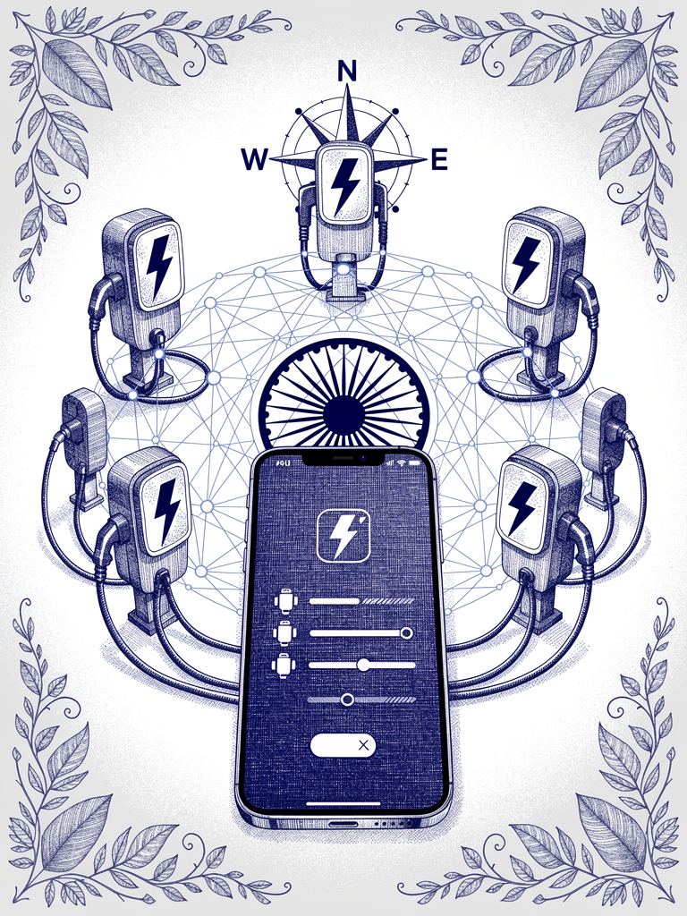 Illustration showing UPI app integration with EV charging network, featuring smartphone interface connected to charging stations through network nodes and traditional Indian design elements