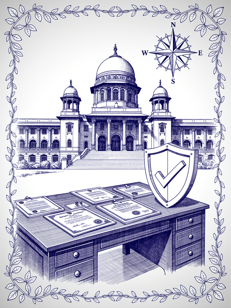 Government certification illustration showing official building with documents representing UBC operator certification framework and compliance standards