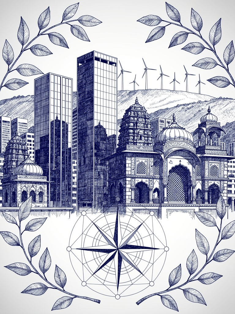Market analysis illustration showing modern Indian cityscape with traditional architecture, wind turbines, and geometric growth patterns representing UBC adoption trends