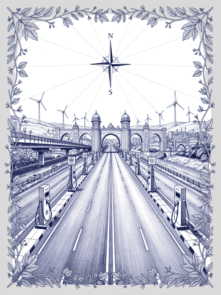 Highway infrastructure illustration showing EV charging stations along expressway corridors with traditional Indian architecture and connectivity network symbols