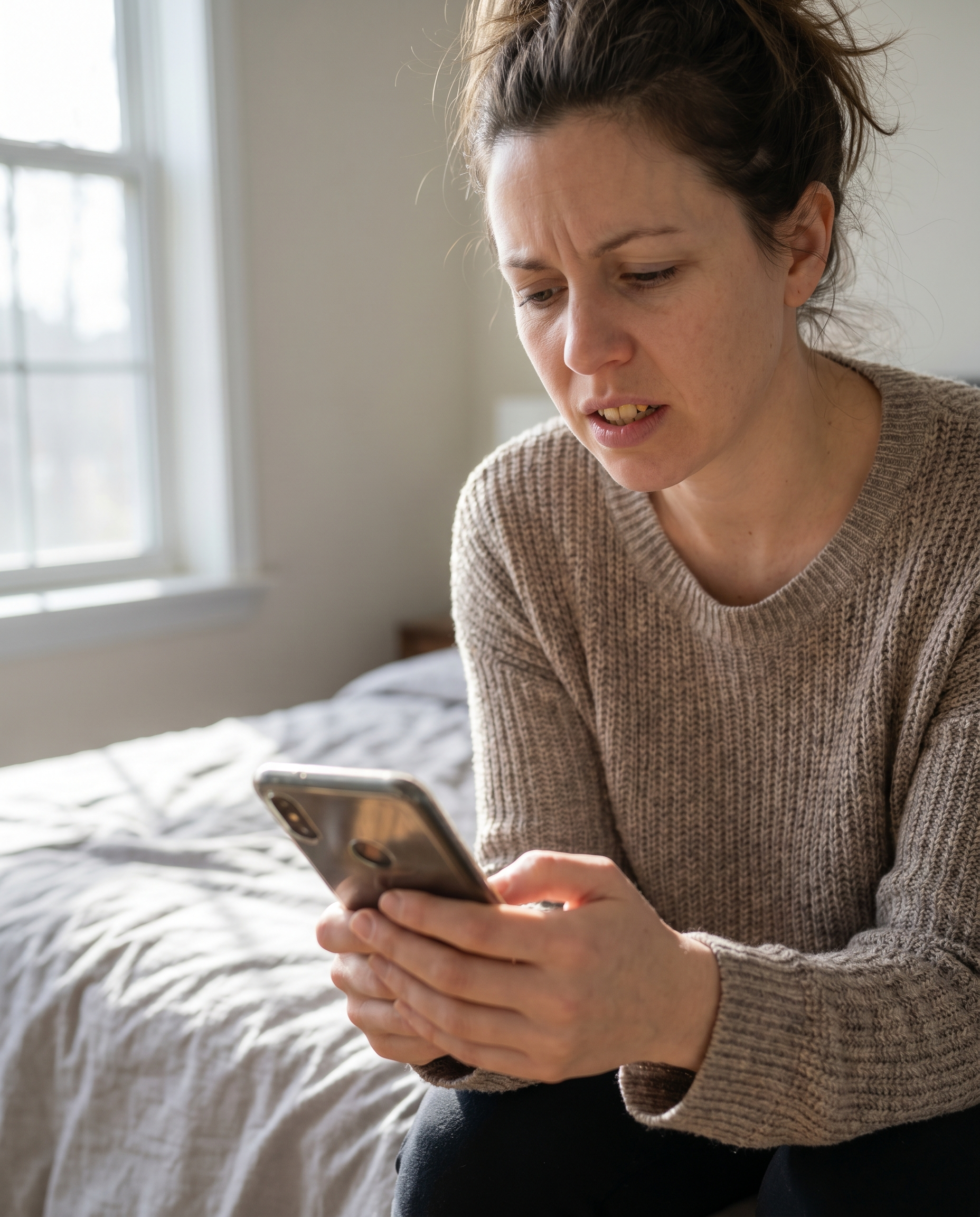 Woman checking her teeth in a photo on her phone